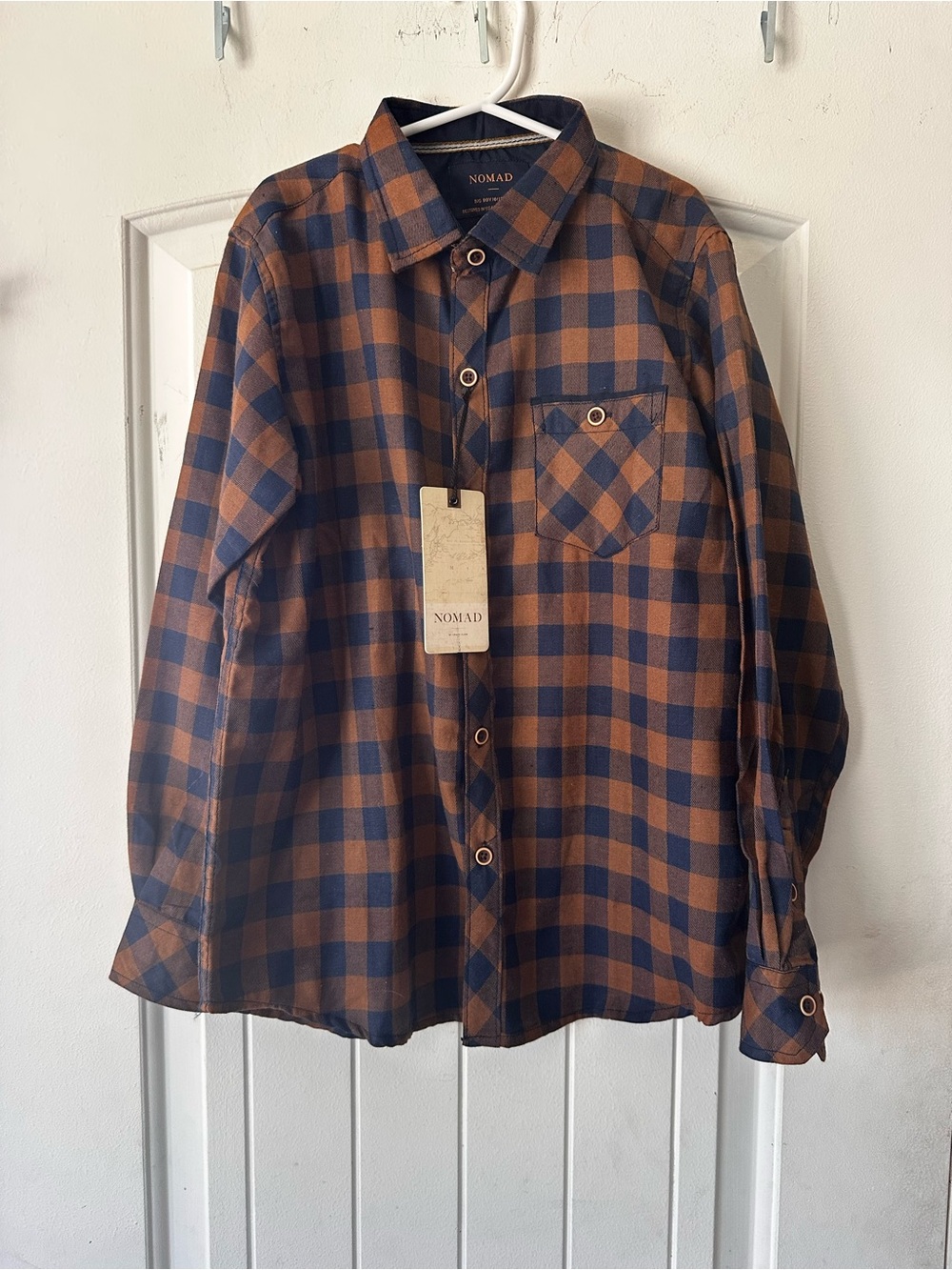 Nomad Big Boy Tan Navy Mini Buffalo Twill Plaid Shirt NWT Size 10/12 M